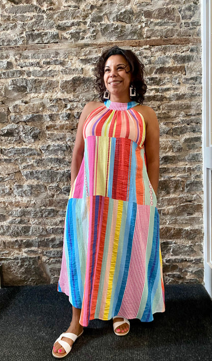 Lightweight 100% Cotton Multicolour Striped Tiered Halter Maxi Dress