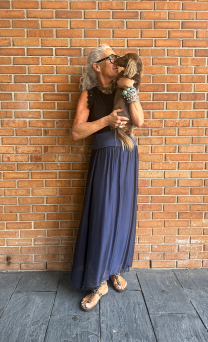 Silk Maxi Skirt with Lining - NAVY