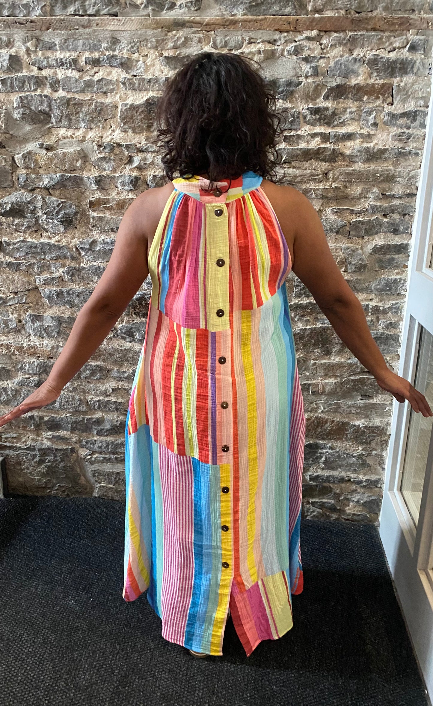 Lightweight 100% Cotton Multicolour Striped Tiered Halter Maxi Dress
