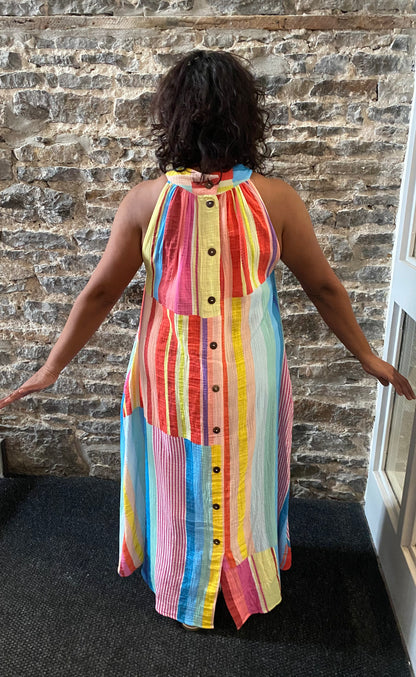 Lightweight 100% Cotton Multicolour Striped Tiered Halter Maxi Dress
