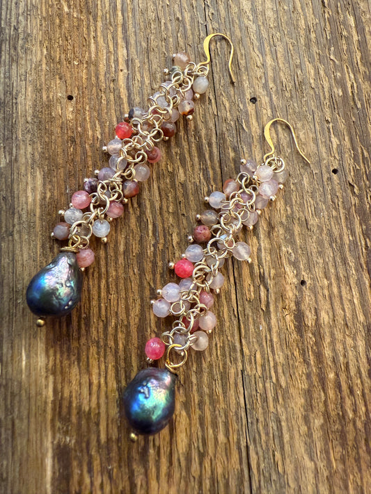 One of a Kind Long Semi Precious Gold Earrings