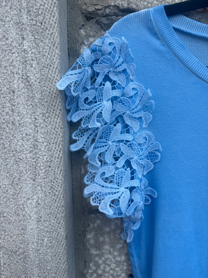 Ribbed Cotton Lace Sleeve T-shirt - BLUE