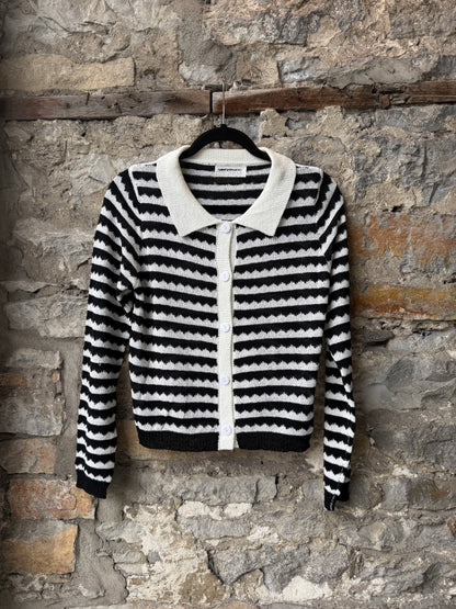 Striped Knit Button Cardigan Sweater - Ivory and Black