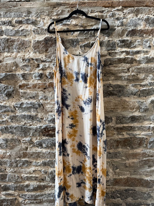 Boho Tie Dye Maxi Dress- Gold Grey Ivory with Gold Pinstripe