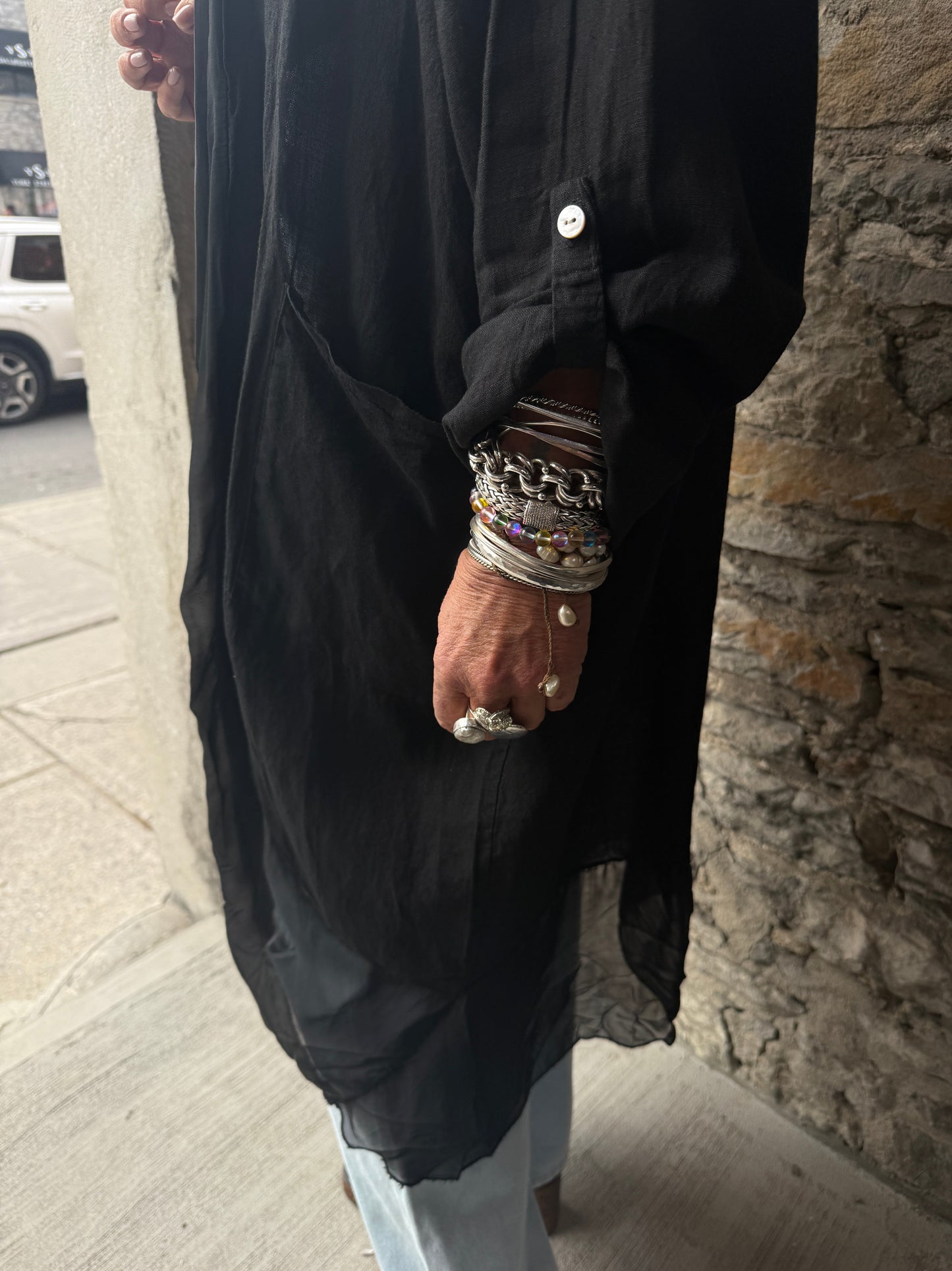 Linen Relaxed Fit Shawl Collar Cardigan  - Black
