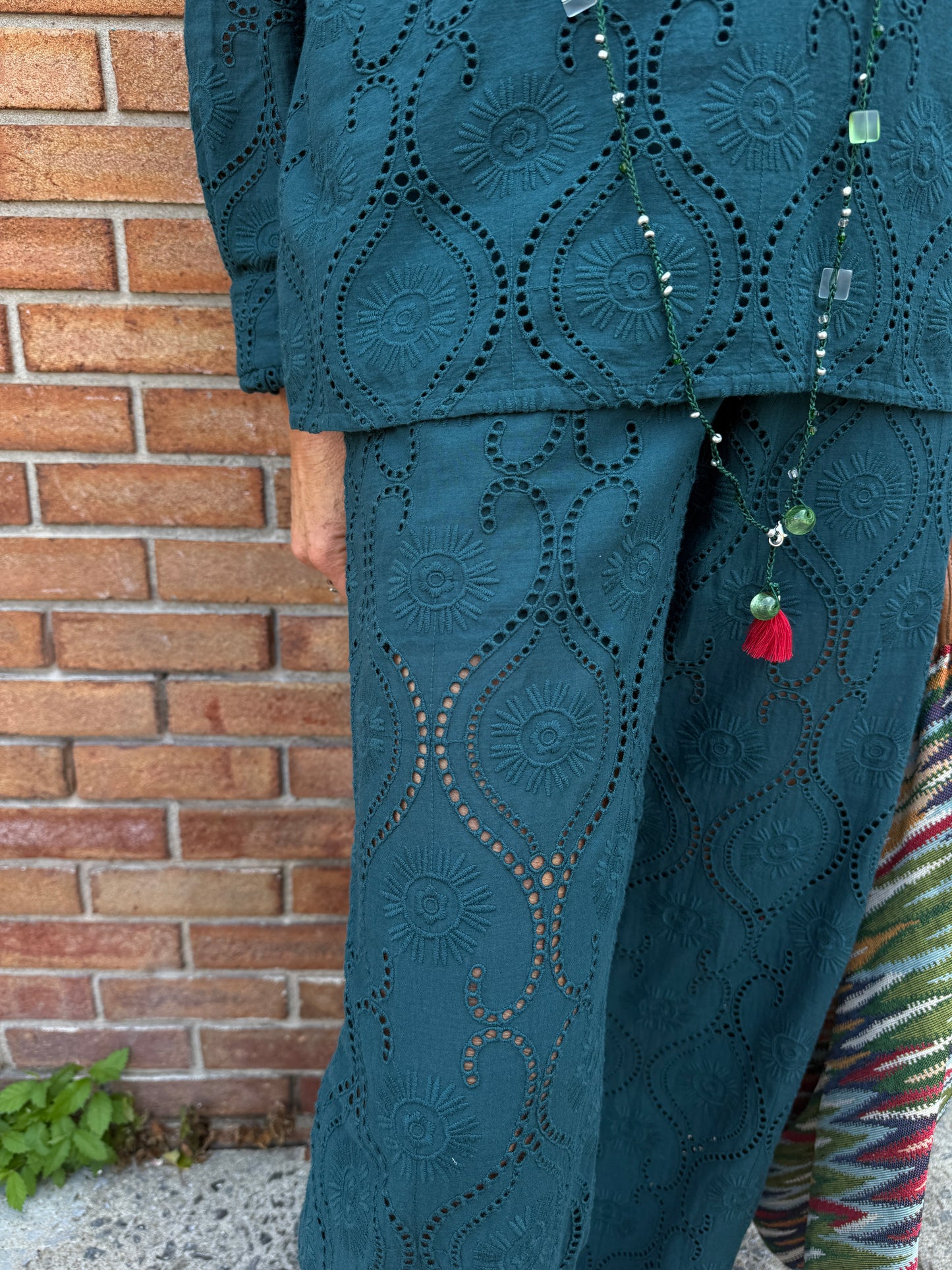 100% Cotton Eyelet Pants with Pockets- DARK TEAL