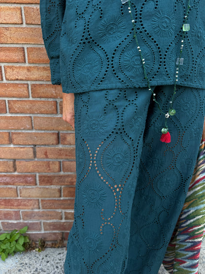 100% Cotton Eyelet Pants with Pockets- DARK TEAL