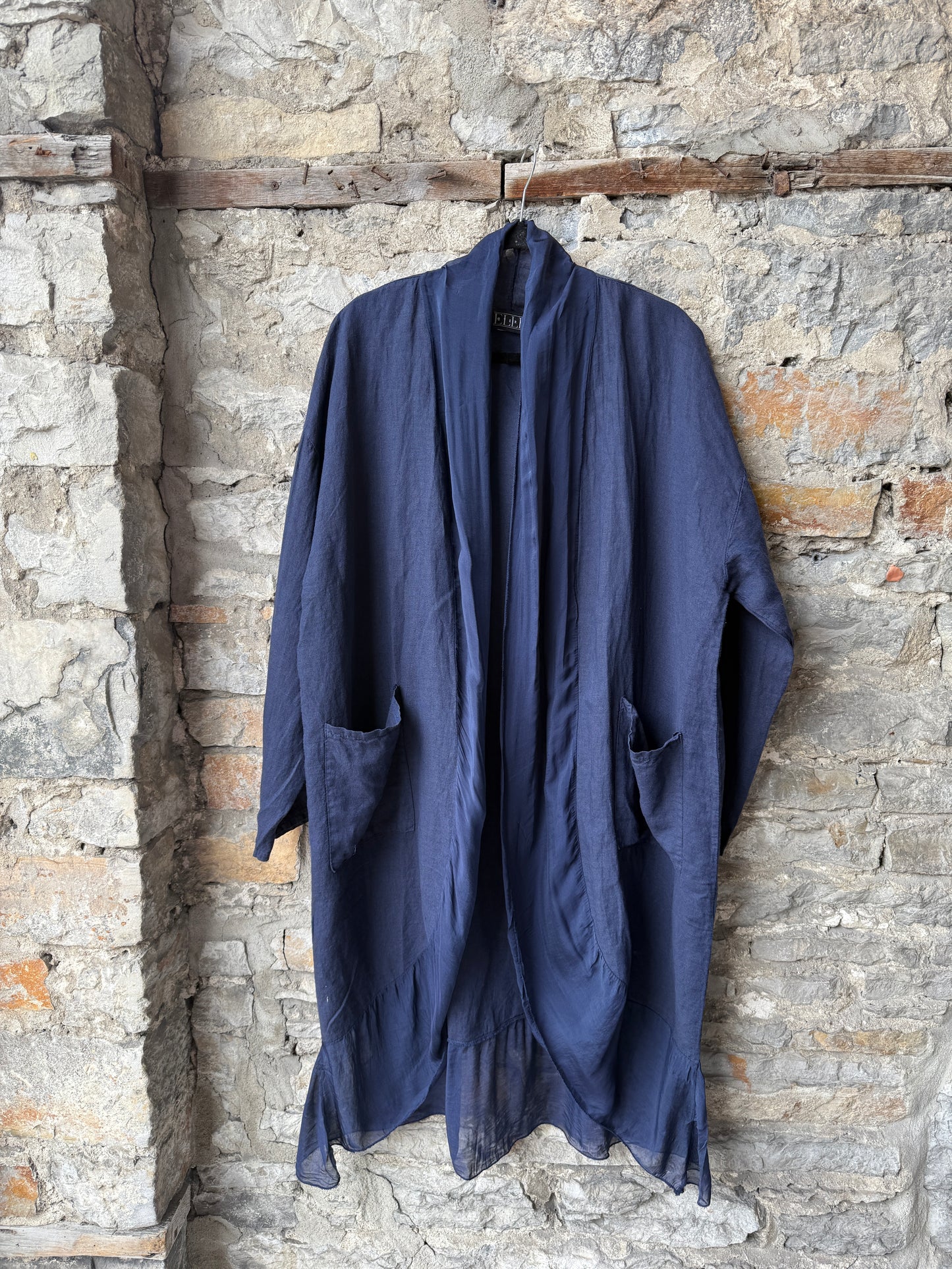 Linen Relaxed Fit Shawl Collar Cardigan  - Navy