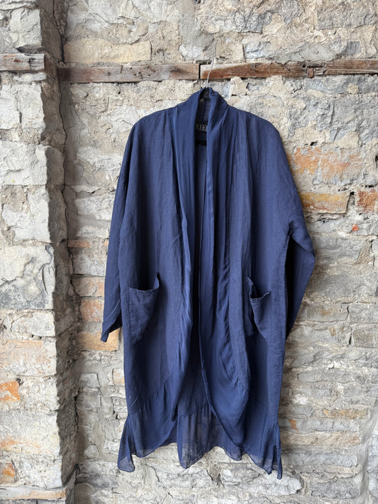 Linen Relaxed Fit Shawl Collar Cardigan  - Navy