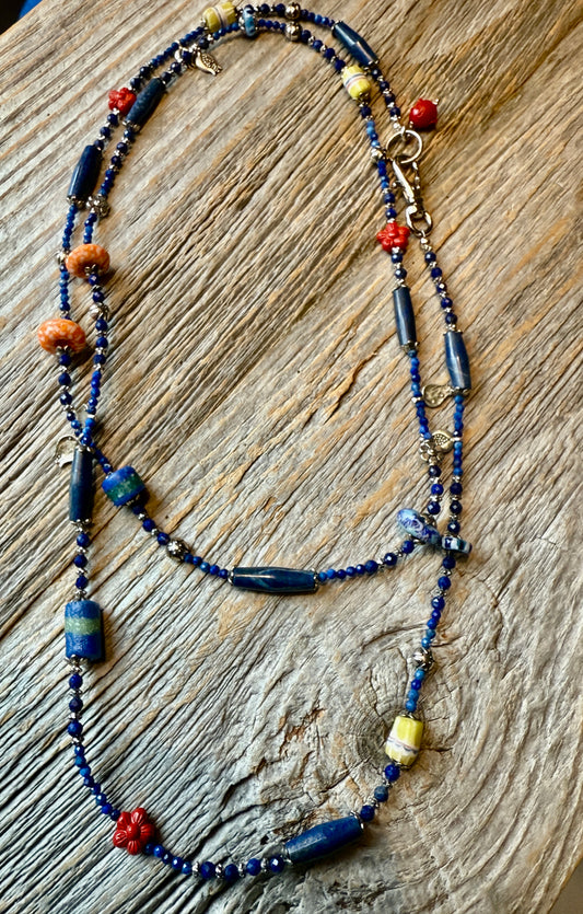 Blue Long Lariat necklace - Lapis Azul, Cinibar, Trading beads and sterling silver