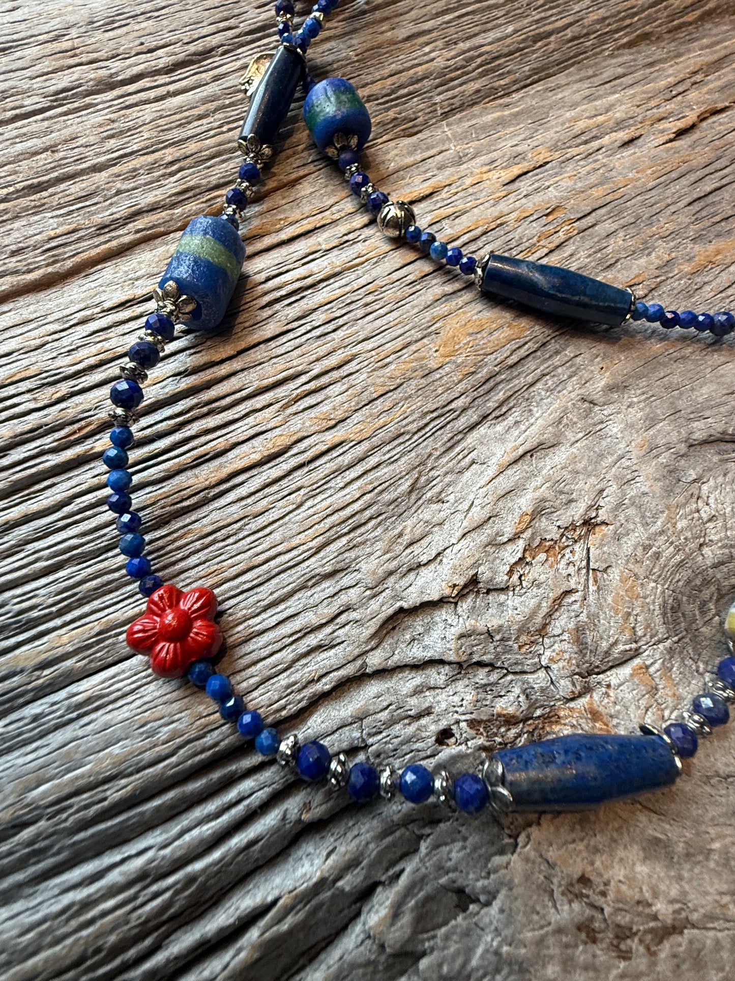 Blue Long Lariat necklace - Lapis Azul, Cinibar, Trading beads and sterling silver