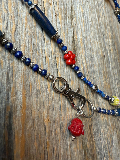 Blue Long Lariat necklace - Lapis Azul, Cinibar, Trading beads and sterling silver