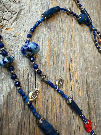 Blue Long Lariat necklace - Lapis Azul, Cinibar, Trading beads and sterling silver