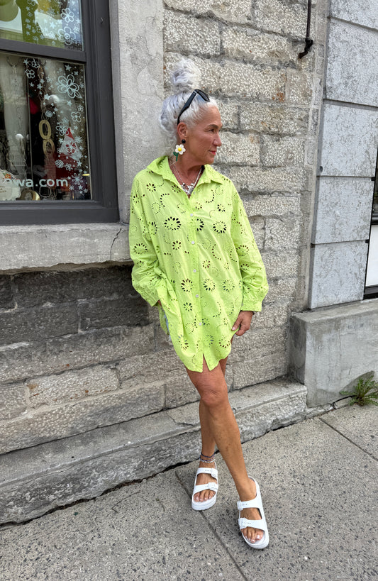 100% Cotton Oversized Eyelet Shirt- Lime Green