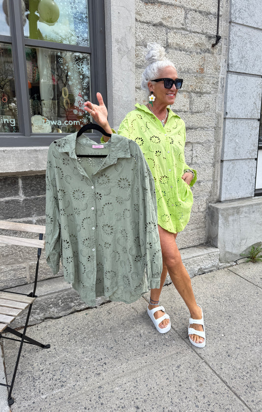 100% Cotton Oversized Eyelet Shirt- Khaki