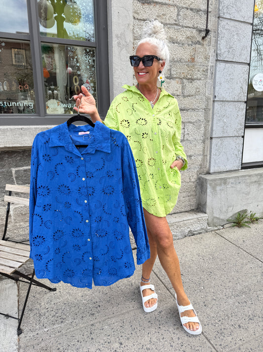 100% Cotton Oversized Eyelet Shirt- Cobalt
