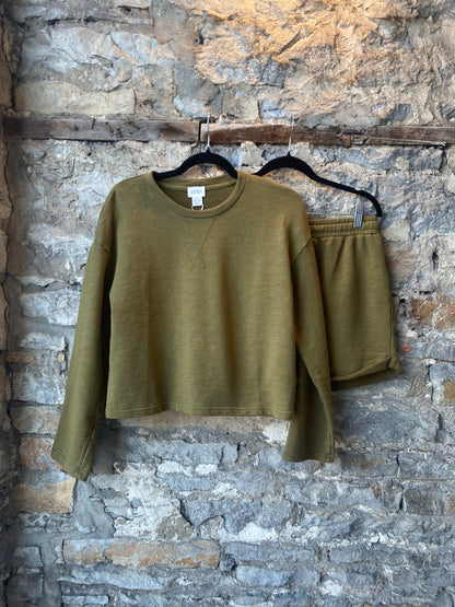 Crewneck Cotton Boxy Wide Sleeve Sweatshirt- Dark Olive
