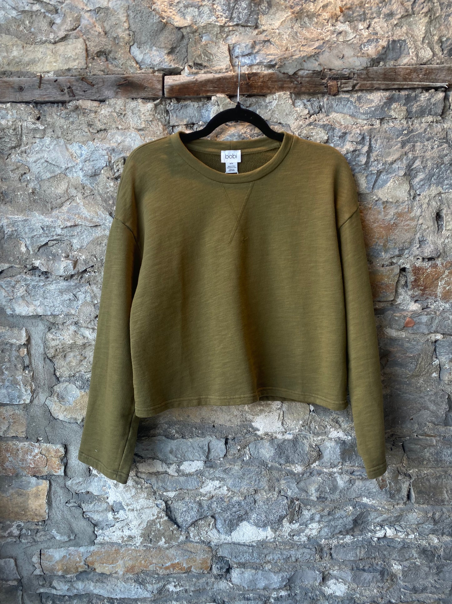 Crewneck Cotton Boxy Wide Sleeve Sweatshirt- Dark Olive