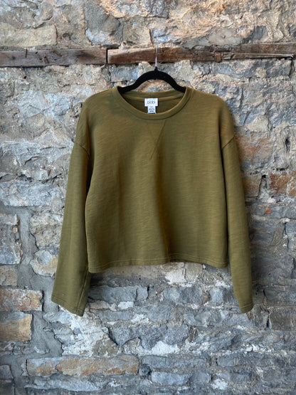 Crewneck Cotton Boxy Wide Sleeve Sweatshirt- Dark Olive