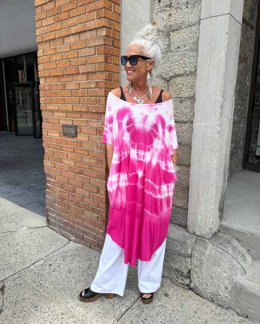 One Size Relaxed Fit Tie Dye Dress with pocket- Pink and White