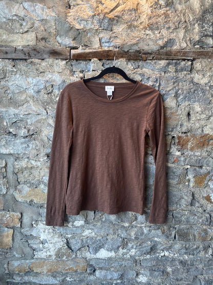 100% Slub Cotton Crewneck Long Sleeve Top- Brown
