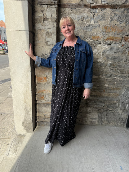 Flat Accordion Pleated Polka Dot Spaghetti Strap Maxi Dress - Black and White