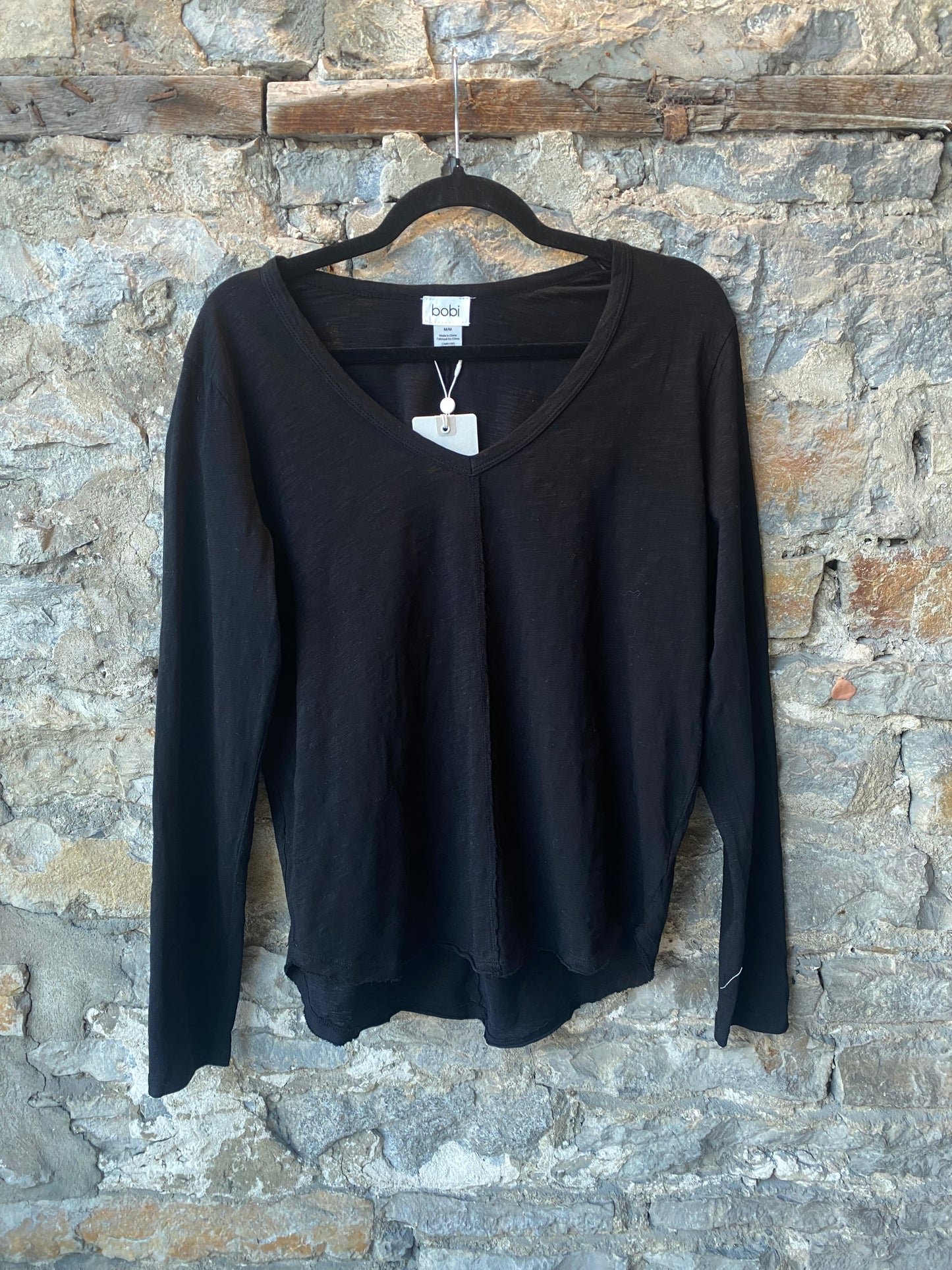 100% Slub Cotton V neck Long Sleeve Top- Black
