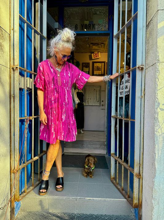 Tie-Dye Summer Pheasant Boho Dress with Gold Trim -Pink Black