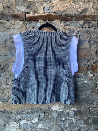 100% Cotton Ribbed  Knit Sweater Vest and attached short sleeve T-shirt- BLUE GREY & WHITE