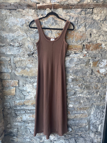 Ribbed Cotton Long Tank Dress - BROWN