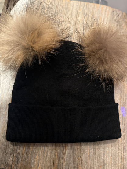 Black Knit Toque with 2 Pom Poms- Beige Brown Natural