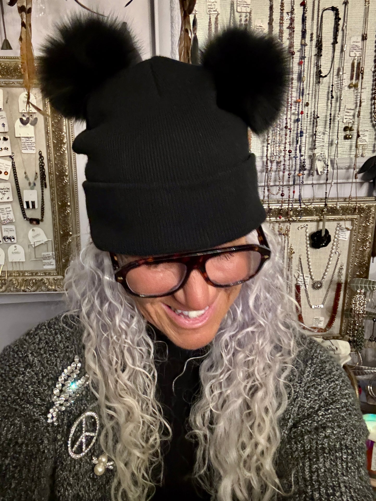 Black Knit Toque with 2 Pom Poms- Beige Brown Natural