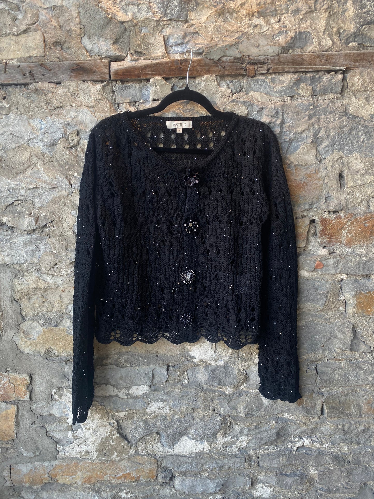 Delicate Crochet Knit Cardigan with Unique Buttons - BLACK