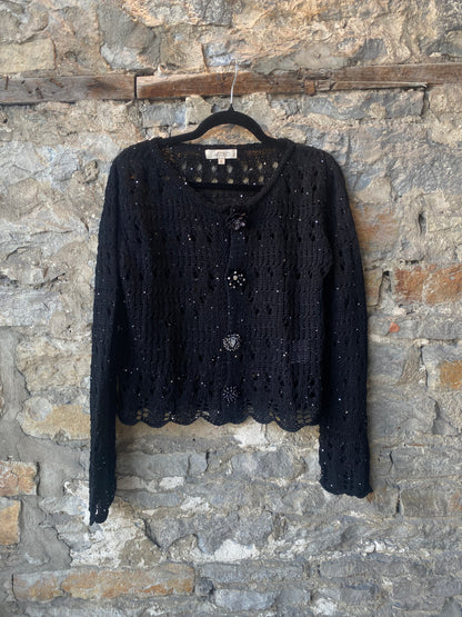 Delicate Crochet Knit Cardigan with Unique Buttons - BLACK