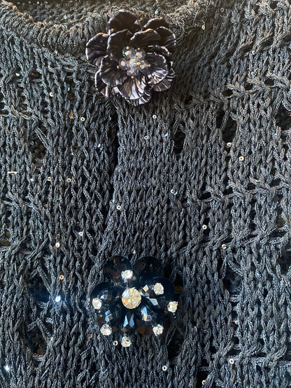 Delicate Crochet Knit Cardigan with Unique Buttons - BLACK