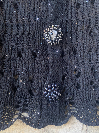 Delicate Crochet Knit Cardigan with Unique Buttons - BLACK