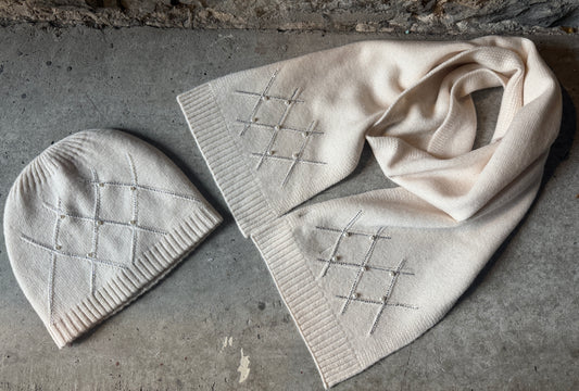 Cream Pearl and Rhinestone Knit 2pc Winter Set