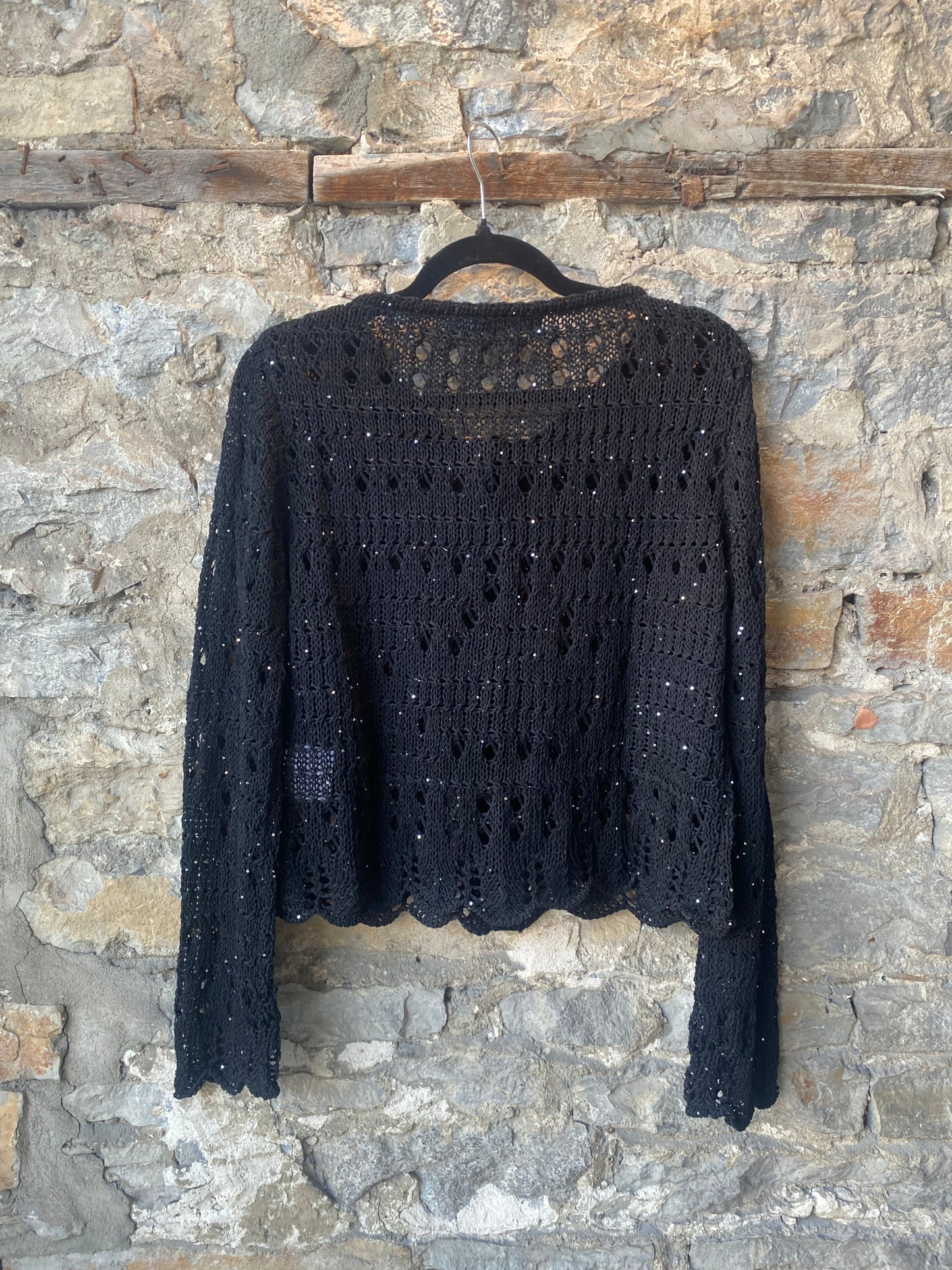 Delicate Crochet Knit Cardigan with Unique Buttons - BLACK