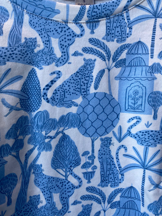 Blue + White Cotton Sweatshirt -White Lotus Pattern