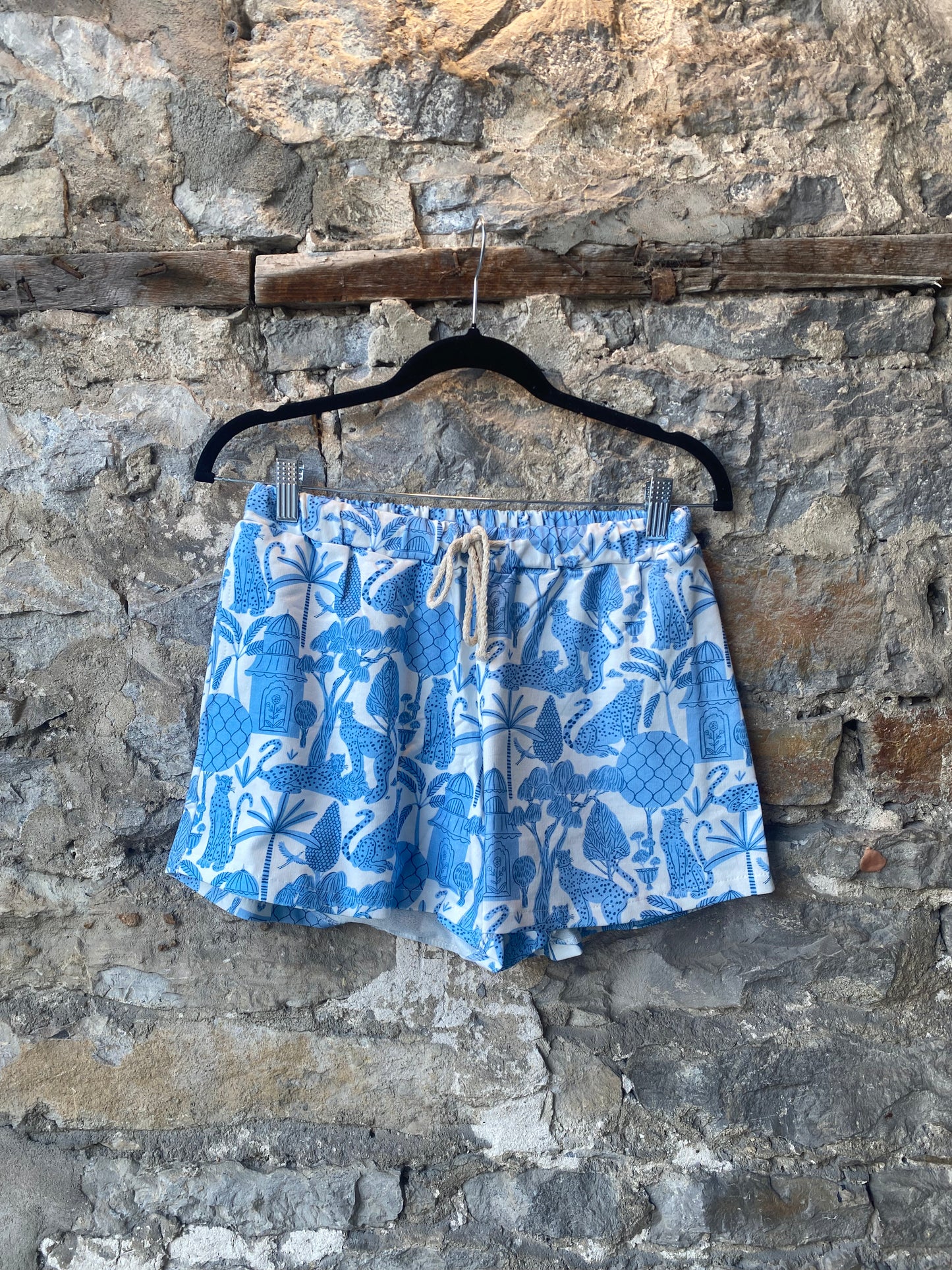 Blue + White Cotton Sweat Shorts - White Lotus Pattern