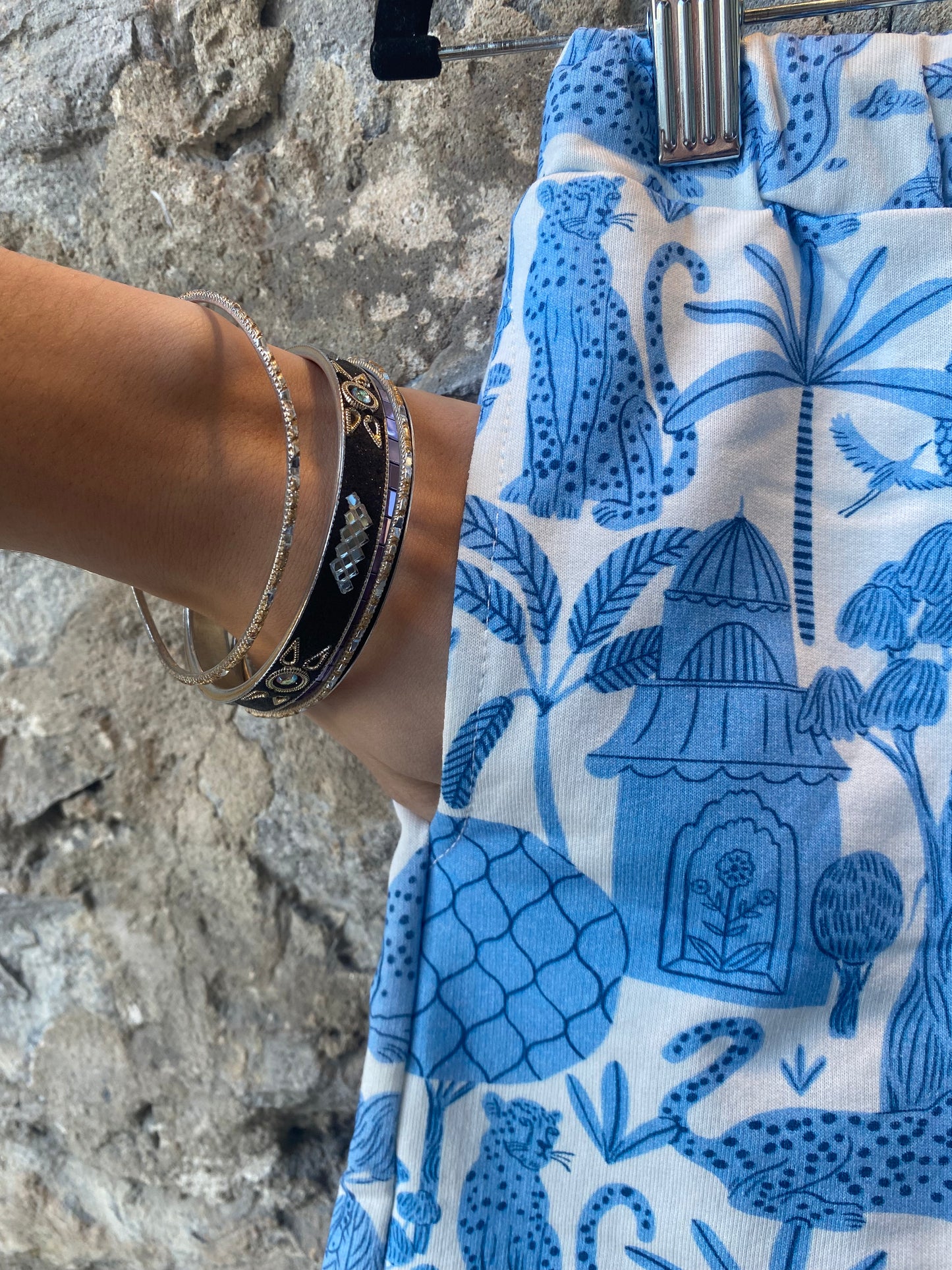 Blue + White Cotton Sweat Shorts - White Lotus Pattern
