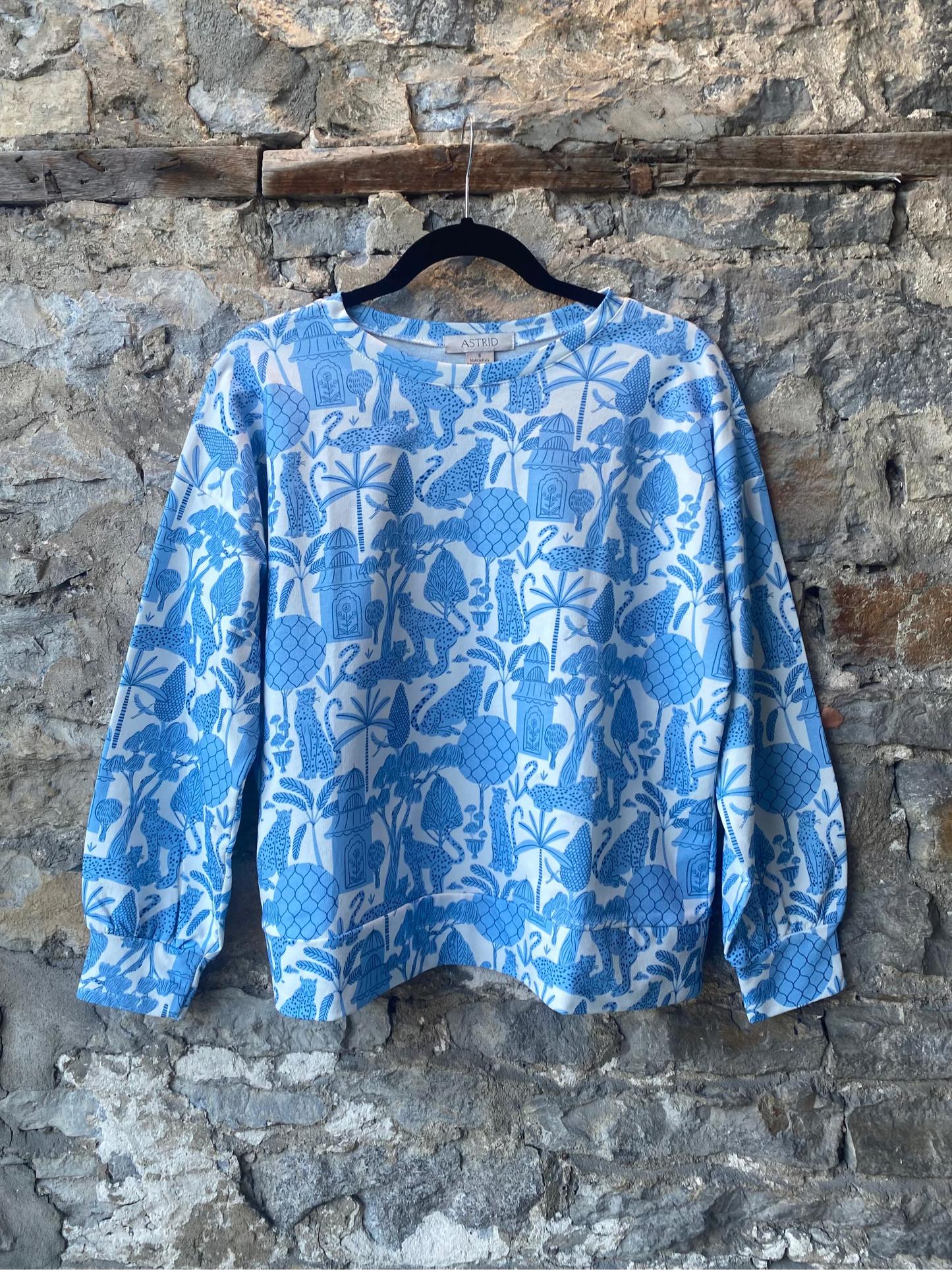 Blue + White Cotton Sweatshirt -White Lotus Pattern