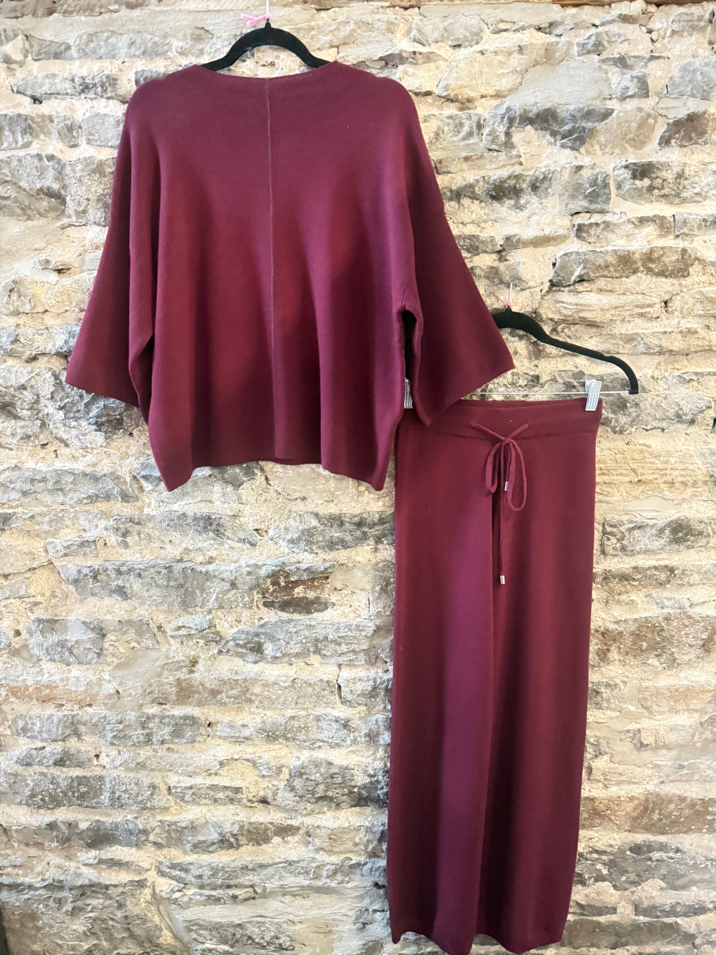 2 PC Burgundy Knit Sweater and Wide Leg Pant Set