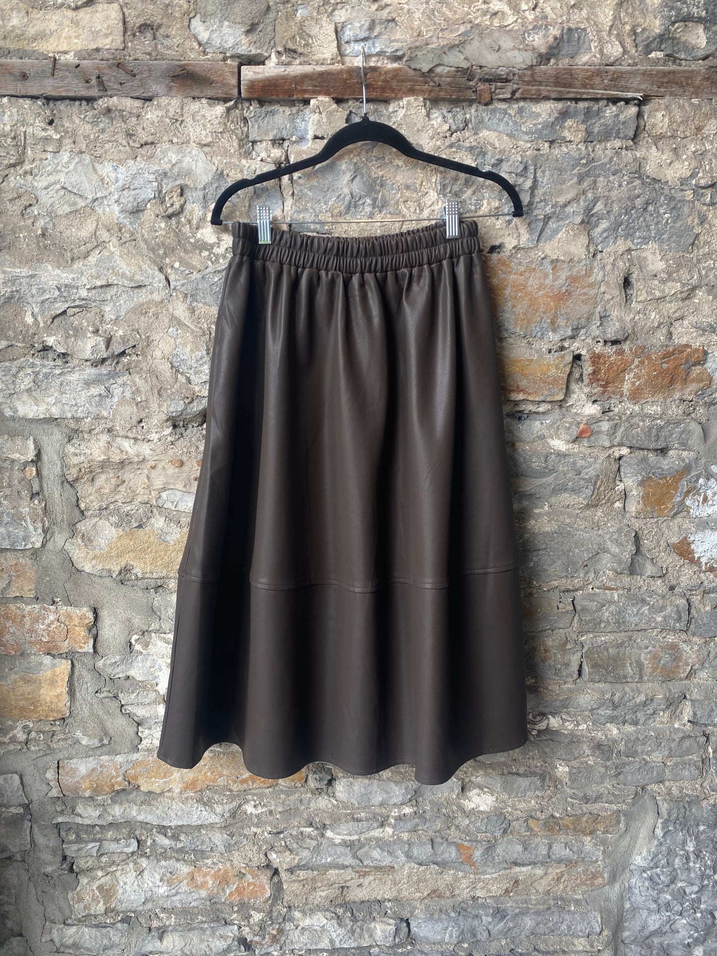 Pleather Midi Skirt with Pockets- BROWN