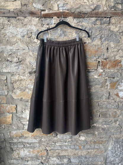 Pleather Midi Skirt with Pockets- BROWN