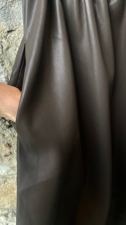 Pleather Midi Skirt with Pockets- BROWN