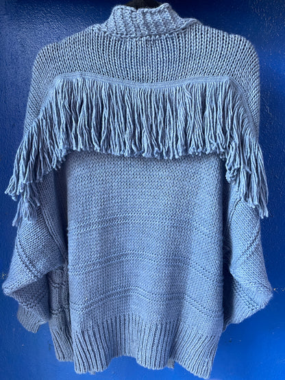 Short Knit Cardigan with Fringe- Denim Blue