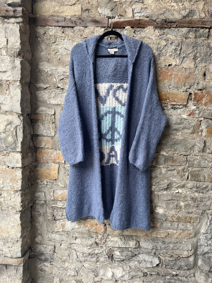 Hoody Knit Cardigan with Peace and Love - Denim Blue