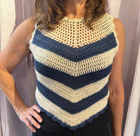 Sleeveless Chevron Knit Top - Blue and Beige