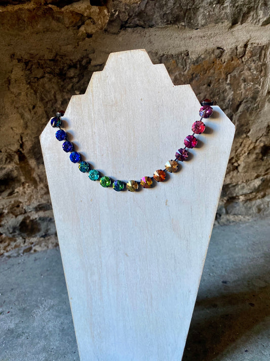 15" Multi-coloured Crystal Stud Necklace with Matte Black Plating